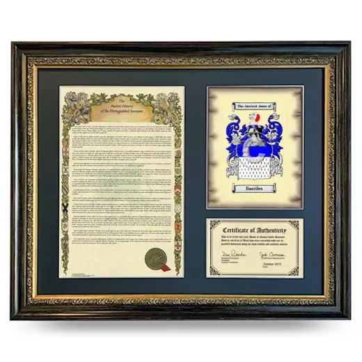 Barriles Framed Surname History and Coat of Arms- Heirloom