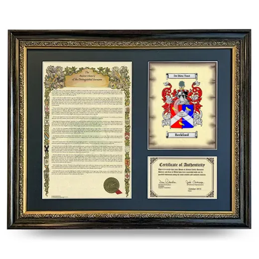 Beckford Framed Surname History and Coat of Arms- Heirloom