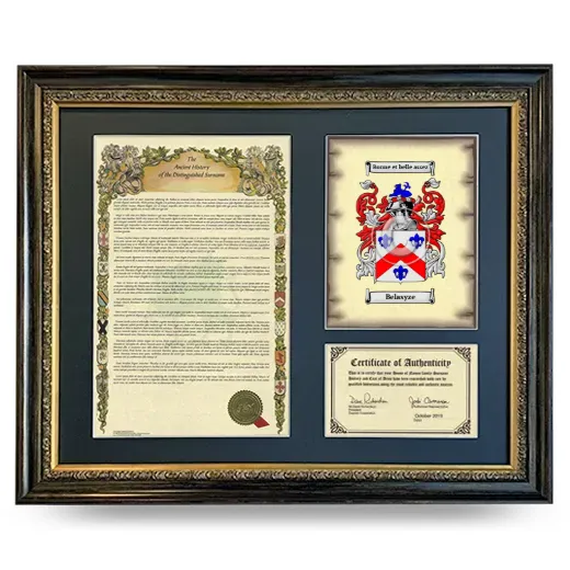 Belasyze Framed Surname History and Coat of Arms- Heirloom