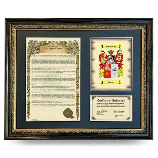 Berton Framed Surname History and Coat of Arms- Heirloom