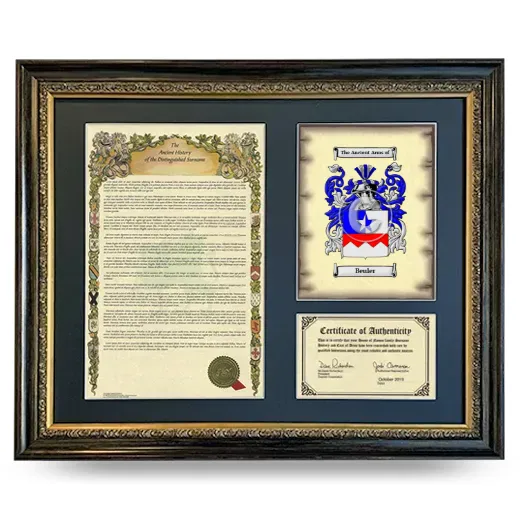 Beuler Framed Surname History and Coat of Arms- Heirloom