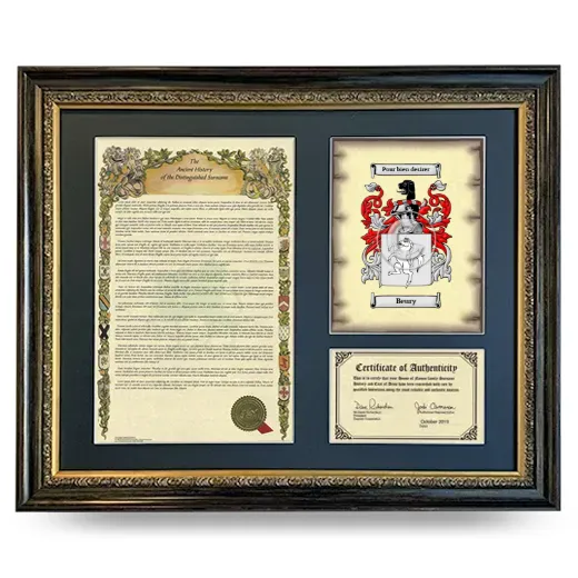 Beury Framed Surname History and Coat of Arms- Heirloom