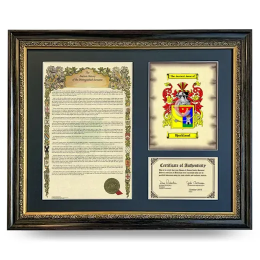 Bjorkland Framed Surname History and Coat of Arms- Heirloom