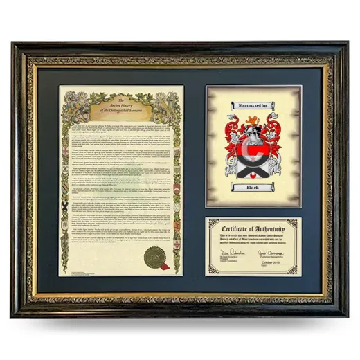 Black Framed Surname History and Coat of Arms- Heirloom