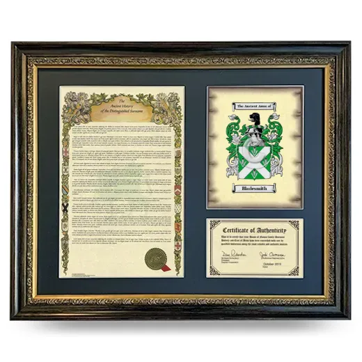 Bladesmith Framed Surname History and Coat of Arms- Heirloom