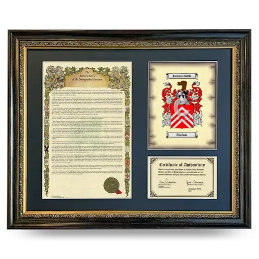 Bladon Framed Surname History and Coat of Arms- Heirloom