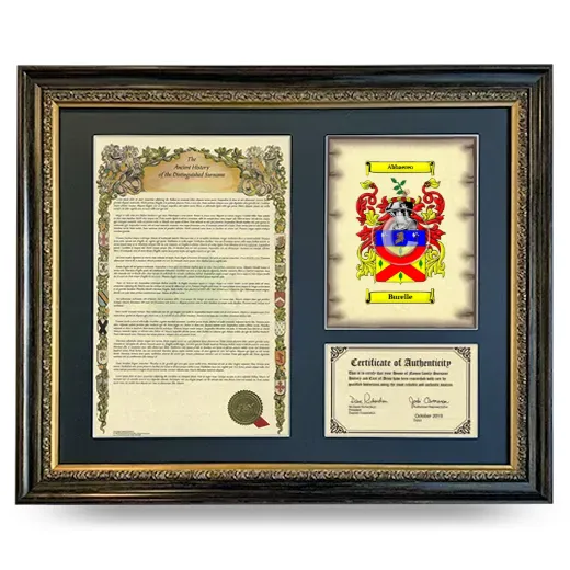 Burelle Framed Surname History and Coat of Arms- Heirloom