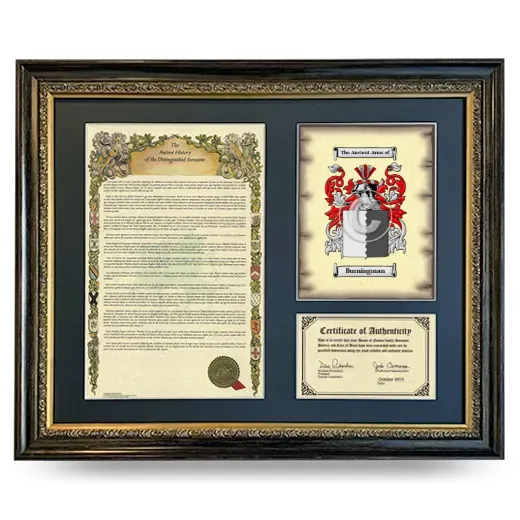 Burningman Framed Surname History and Coat of Arms- Heirloom