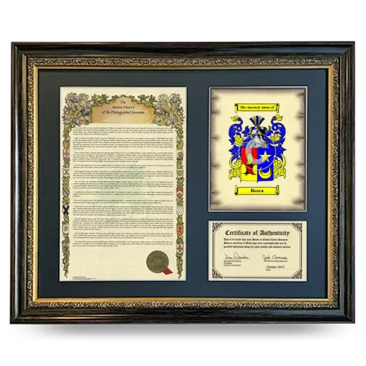 Busca Framed Surname History and Coat of Arms- Heirloom
