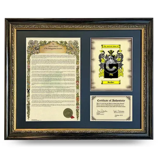 Busher Framed Surname History and Coat of Arms- Heirloom