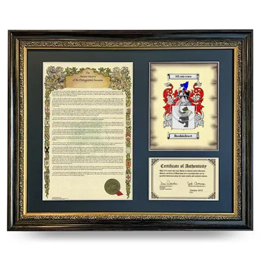 Bushisfeart Framed Surname History and Coat of Arms- Heirloom