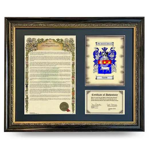 Carrie Framed Surname History and Coat of Arms- Heirloom