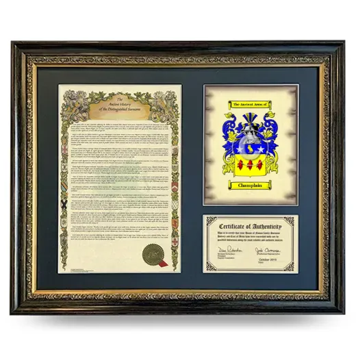Champlain Framed Surname History and Coat of Arms- Heirloom