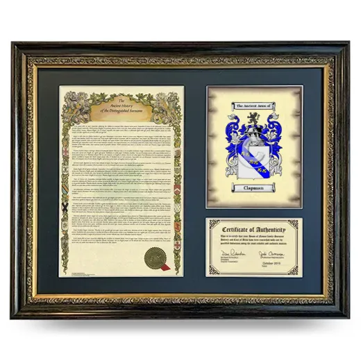 Clapman Framed Surname History and Coat of Arms- Heirloom