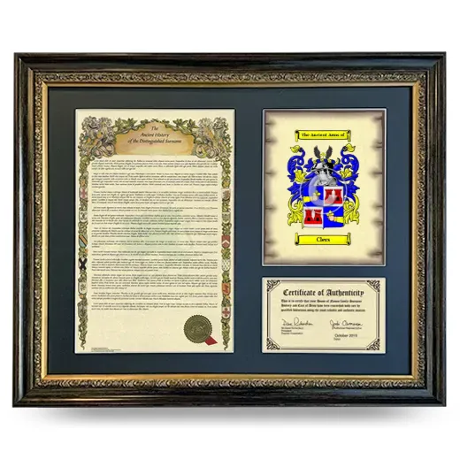 Clers Framed Surname History and Coat of Arms- Heirloom