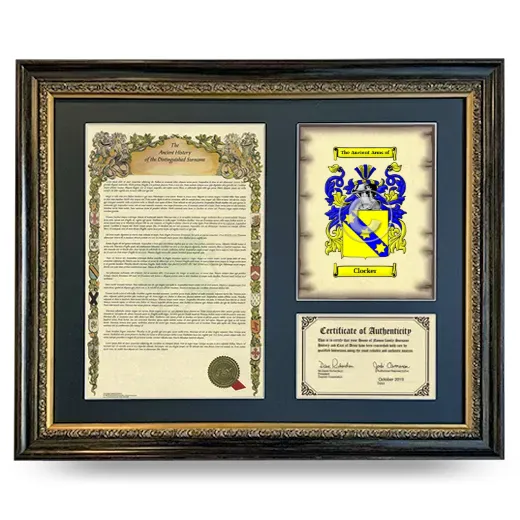 Clocker Framed Surname History and Coat of Arms- Heirloom