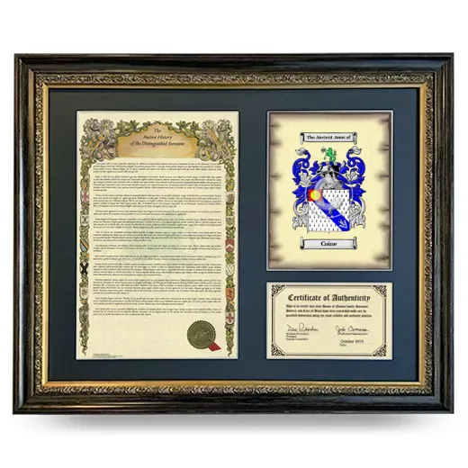Coine Framed Surname History and Coat of Arms- Heirloom