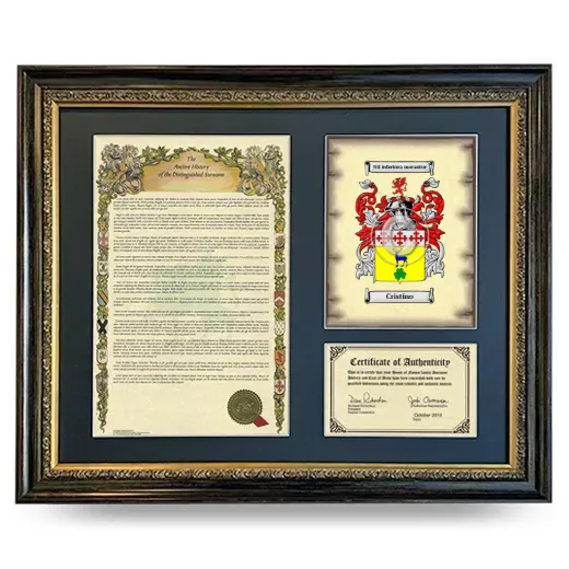 Cristino Framed Surname History and Coat of Arms- Heirloom