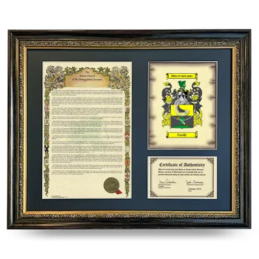 Curdy Framed Surname History and Coat of Arms- Heirloom