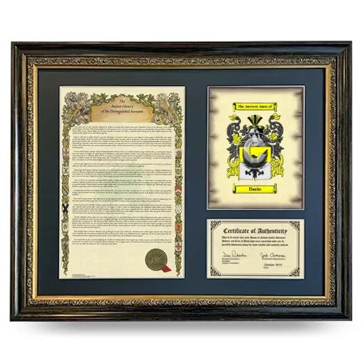Dario Framed Surname History and Coat of Arms- Heirloom