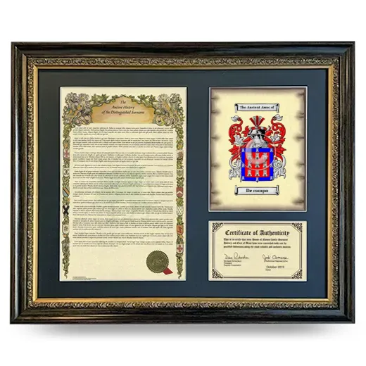 De campo Framed Surname History and Coat of Arms- Heirloom