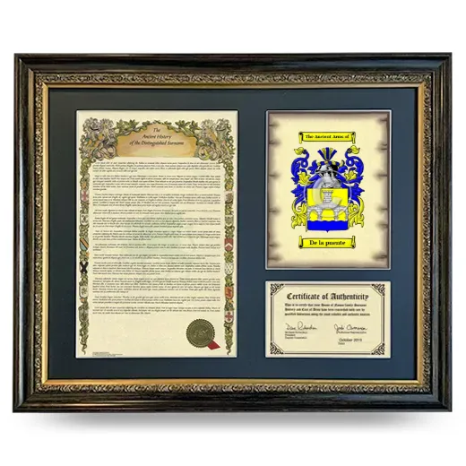 De la puente Framed Surname History and Coat of Arms- Heirloom