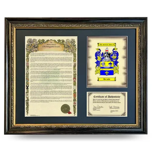 De vale Framed Surname History and Coat of Arms- Heirloom