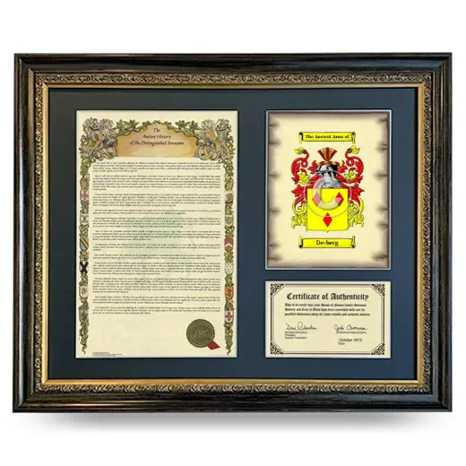 De-berg Framed Surname History and Coat of Arms- Heirloom