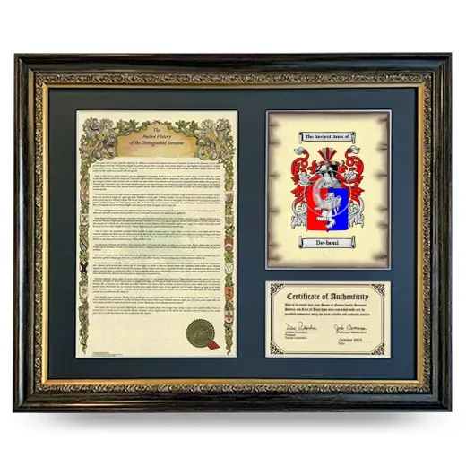 De-boni Framed Surname History and Coat of Arms- Heirloom