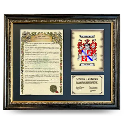 De-fort Framed Surname History and Coat of Arms- Heirloom