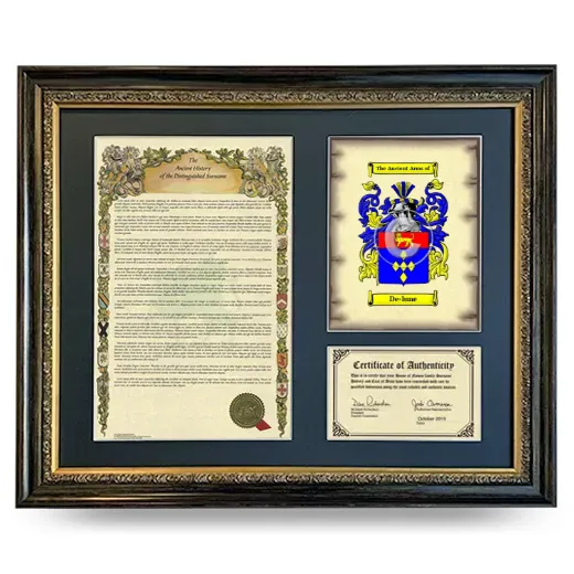 De-lune Framed Surname History and Coat of Arms- Heirloom