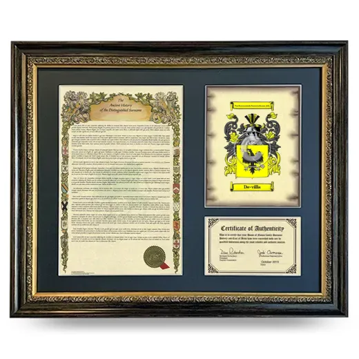 De-villa Framed Surname History and Coat of Arms- Heirloom