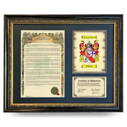 Deferrers Framed Surname History and Coat of Arms- Heirloom