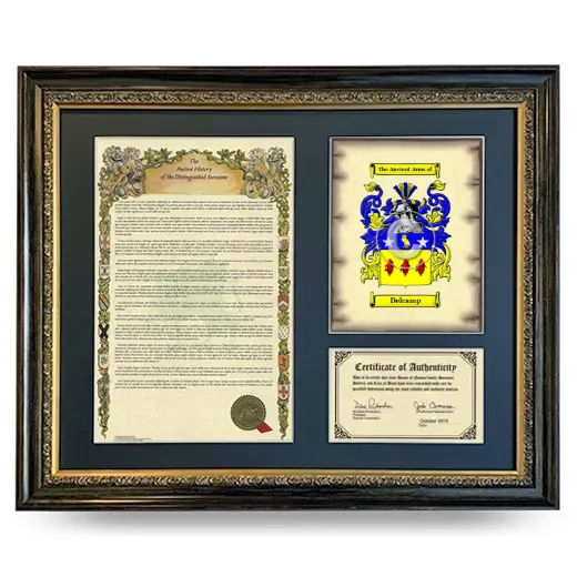 Delcamp Framed Surname History and Coat of Arms- Heirloom