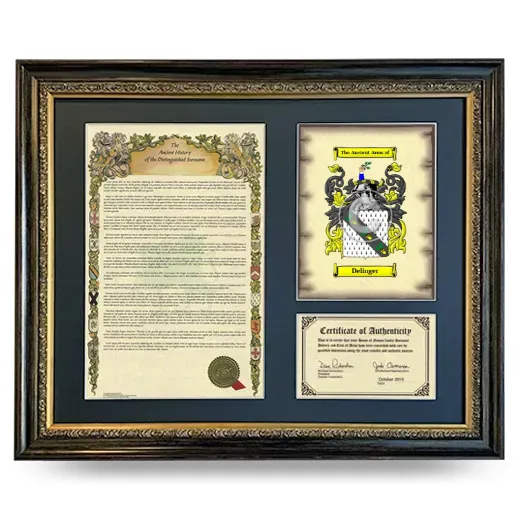 Delinger Framed Surname History and Coat of Arms- Heirloom