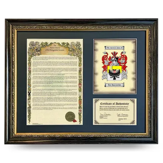 Des bouveries Framed Surname History and Coat of Arms- Heirloom
