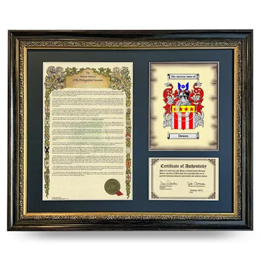 Dewes Framed Surname History and Coat of Arms- Heirloom