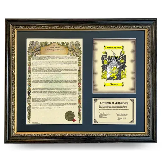 Dimmox Framed Surname History and Coat of Arms- Heirloom