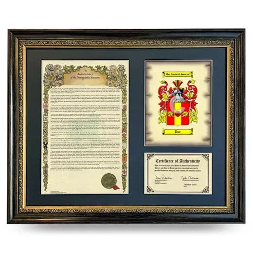 Dur Framed Surname History and Coat of Arms- Heirloom