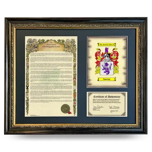 Emeney Framed Surname History and Coat of Arms- Heirloom
