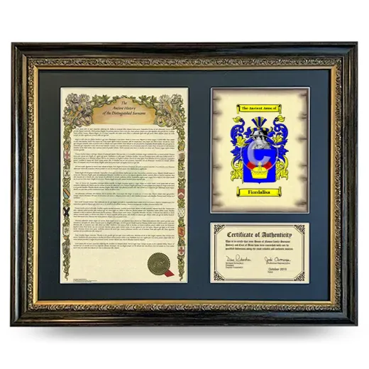 Fiordalisa Framed Surname History and Coat of Arms- Heirloom