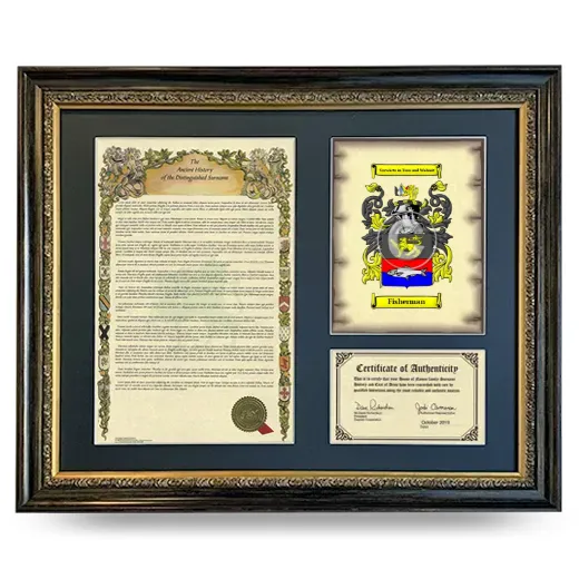 Fisherman Framed Surname History and Coat of Arms- Heirloom