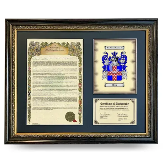 Fleur Framed Surname History and Coat of Arms- Heirloom