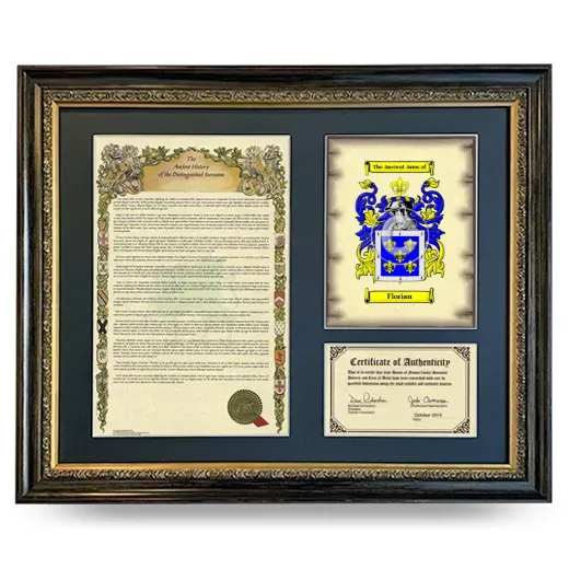 Florian Framed Surname History and Coat of Arms- Heirloom