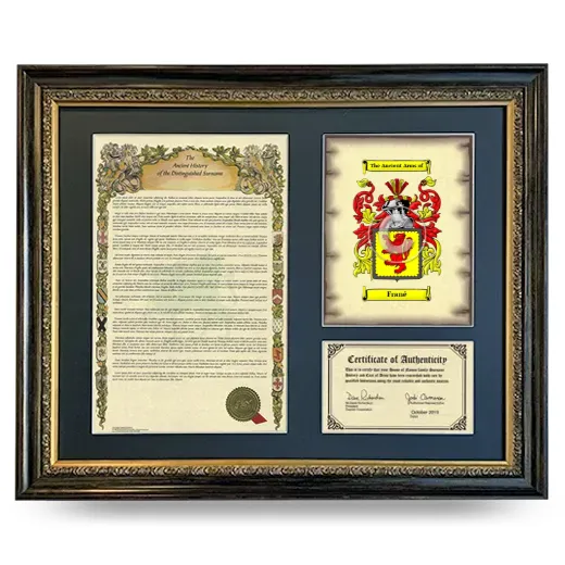 Frané Framed Surname History and Coat of Arms- Heirloom