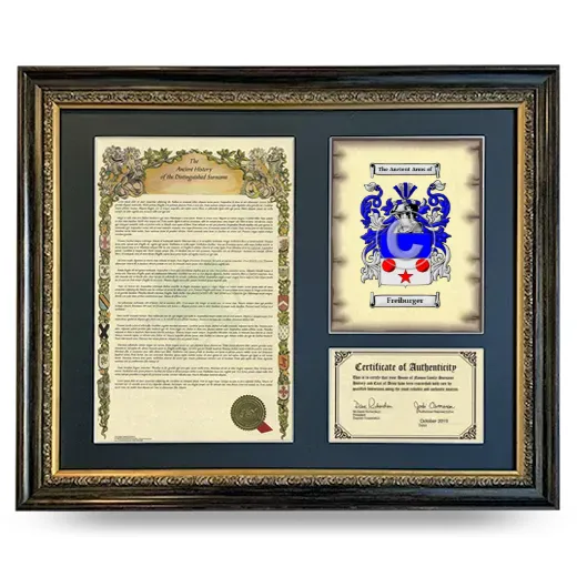 Freiburger Framed Surname History and Coat of Arms- Heirloom