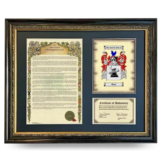 Hear Framed Surname History and Coat of Arms- Heirloom