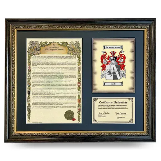 Herb Framed Surname History and Coat of Arms- Heirloom