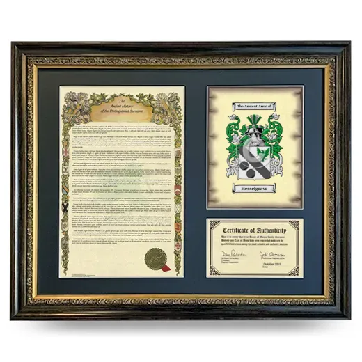 Hesselgrave Framed Surname History and Coat of Arms- Heirloom
