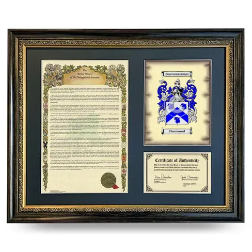 Huniwood Framed Surname History and Coat of Arms- Heirloom